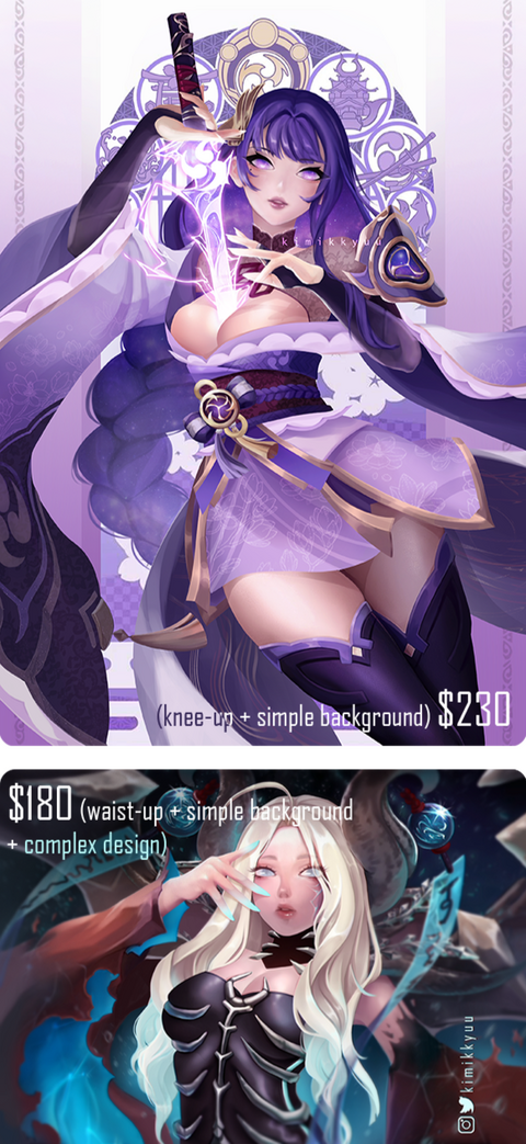 $230 (knee-up + simple background) + $180 (waist-up + simple background + complex design) sample